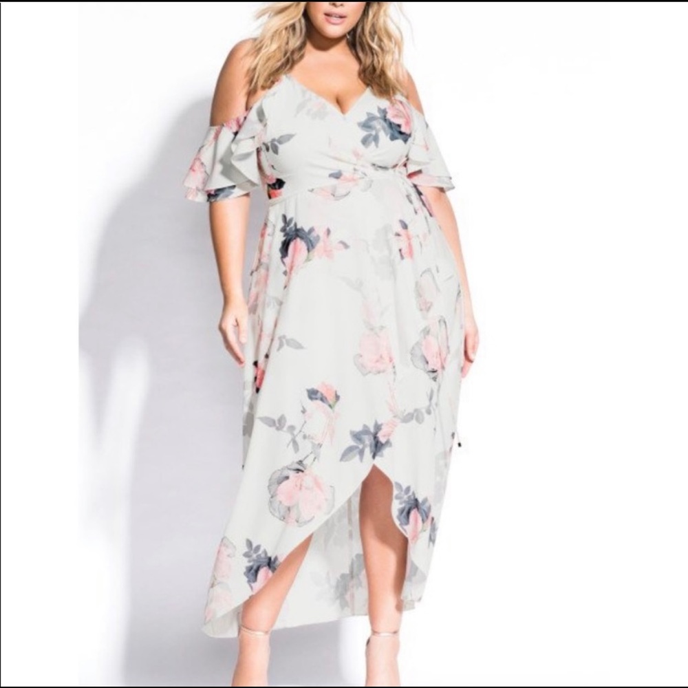 City chic Maxi Pink Lily white floral cold shoulder ruffle asymmetrical dress 16